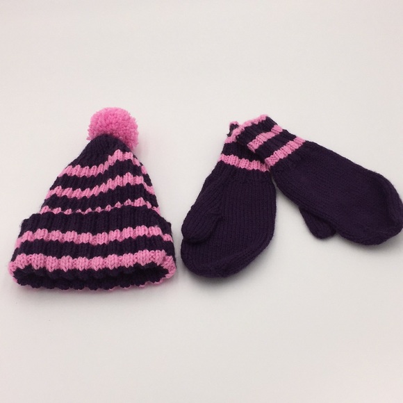 Hand Knit Girls Winter Hat + Pair of Mittens Purple & Pink Stripe - Picture 1 of 10